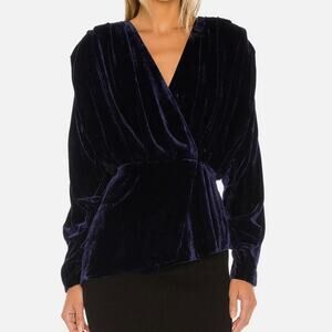 L'Academie Benae Velvet Peplum Long Sleeve Top In Navy Blue - Size XS